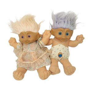 Vintage 1991 Treasure Trolls Plush Dolls Stuffed Toys Pink Purple Hair Lot Of 2